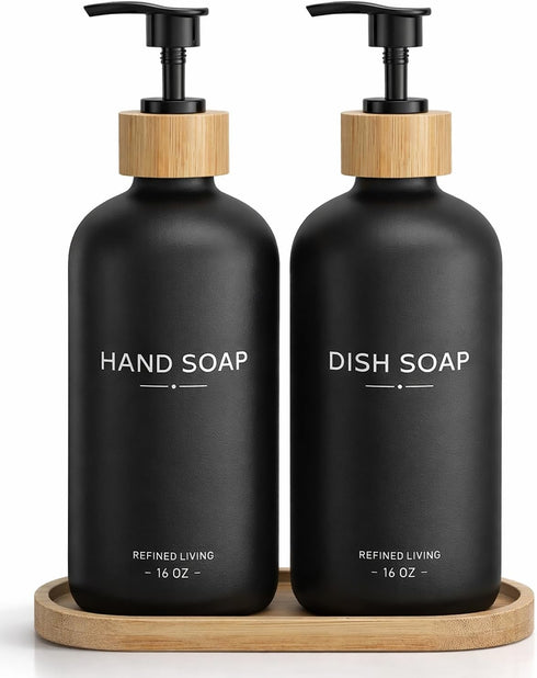 Hand and Dish Soap Dispenser Set,16oz Glass Bottles with Printed Labels, Bamboo