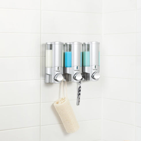 Better Living Aviva 3 Chamber Shower Dispenser, Wall Mount, 3 x 11 oz, Satin Silver, No Drill