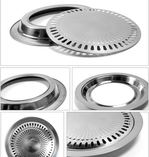 Korean Style BBQ Plate - Smokeless Indoor Stainless Steel Non-Stick Roasting Round Grill Pan for Camping
