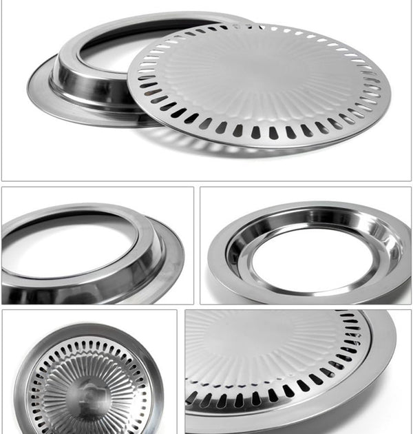 Korean Style BBQ Plate - Smokeless Indoor Stainless Steel Non-Stick Roasting Round Grill Pan for Camping