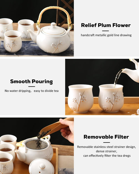 Set, Set 1 Set, 6 1 1 Sets Dujust Japanese Tea White Porcelain Tea with Teapot Tea Cups, Tea Tray, Stainless Infuser