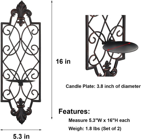 Set 2 of Metal Wall Sconce Candle Holders, Fleur De Lis Detailed