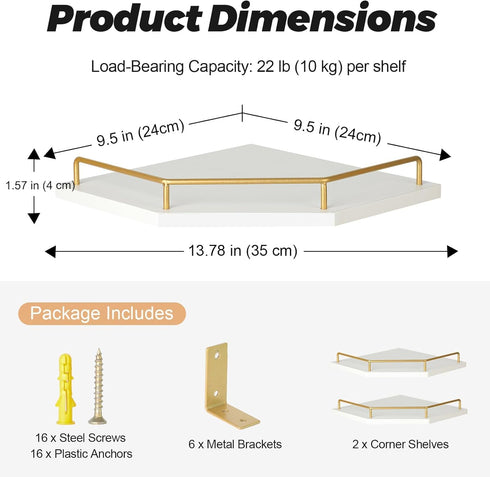 2-Tier 9.5-inch Tirzah White Wall Mount Corner Shelf with Gold Metal Guardrail, Diamond-Shaped Wood Corner Floating
