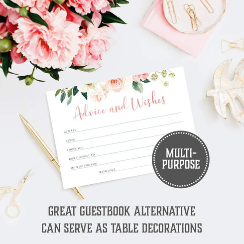 Set of 50 Double Sided Floral Advice and Wishes Cards for Bridal Shower, Baby Shower, Wedding, Graduation, and
