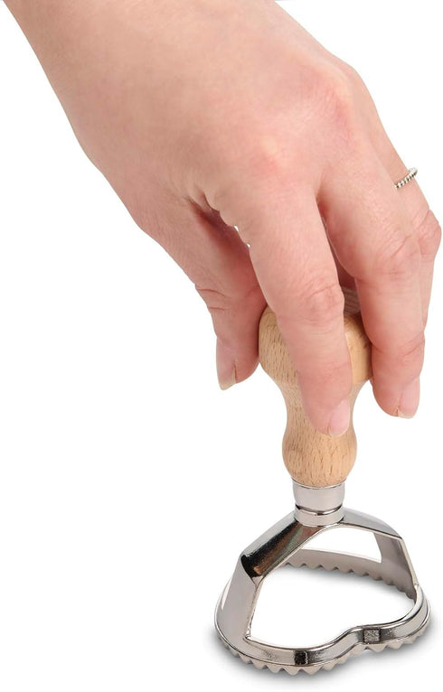 2.5-Inch Fantes Ravioli Maker Stamp With Wooden Handle, Fluted Heart Shape, For Homemade Pasta, Cookies, Everyday