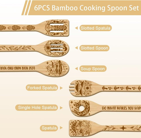 GLOBLELAND 6Pcs Mushroom Bamboo Cooking Utensils Wooden Engraved Cooking Spoons Set Carving Kitchen Bamboo Spatula Set Wood Cooking Spoon for Kitchen House Warming Gift