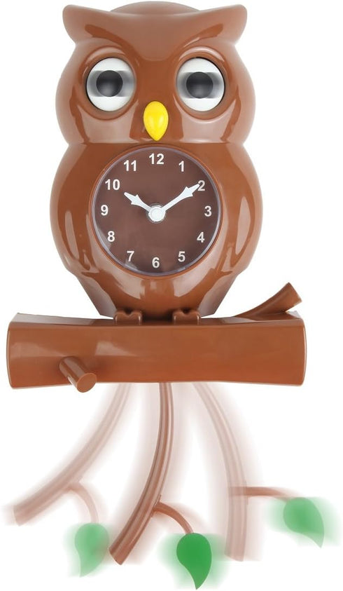 Lily's Home Pendulum Owl Clock, Brown (15 Inches) – Battery Powered, Revolving Eyes, Whimsical Bedroom Décor
