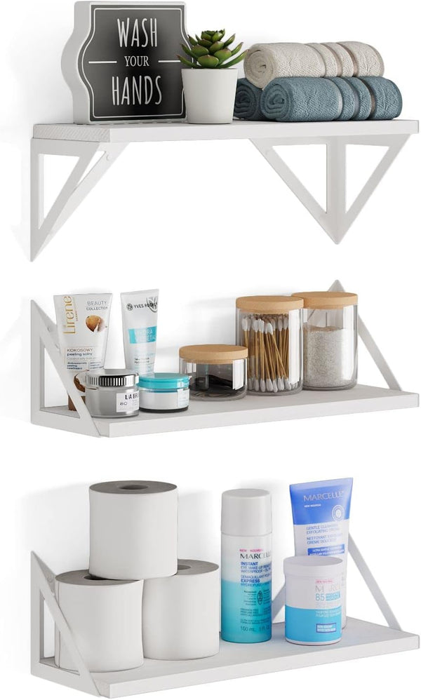 Wallniture Minori Washed White Floating Shelves for Wall Storage, Set of 3 Wood Bathroom Shelves with White Brackets