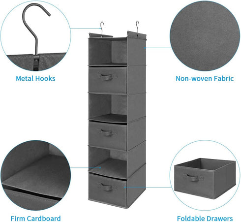 6 Closet Closet 2 (Grey-D3) MAX Houser Tier Shelf Hanging Organizer, Hanging Shelf with Sturdy Hooks for Storage