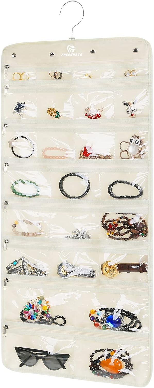 Hanging Jewelry Organizer Revolving Hanger - 50 Pockets - Foldable Storage & Display Solution - Beige