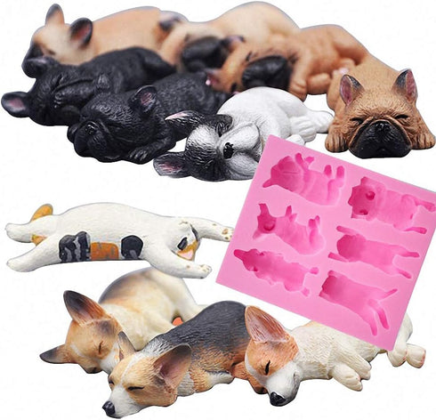 Fewo 6-Cavity Silicone Mold for Sleeping Dog Corgi and French Bulldog, Fondant Chocolate Candy Baking Tools