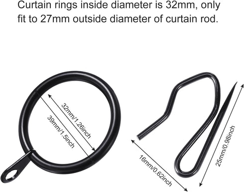 Hotop 30 Pcs Metal Drapery Curtain Rings - 0.98/1.26/1.65 inch Interior Diameter with 30 Pcs Drapery Pin Hooks (Black)