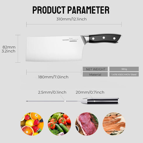 Cleaver Knife 7 Inch, Chinese Chopping Knife Cleaver, German Steel & Ergonomic ABS-Handle, Sharp Meat Cleaver for Meat Cutting Vegetable Slicing by OAKSWARE