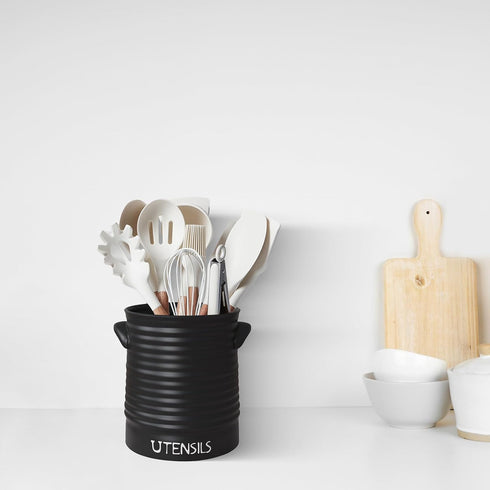 Kitchen Utensil Holder for Countertop, 6.4" Large Ceramic Crock with Cork Mat, Modern Spatula Organizer