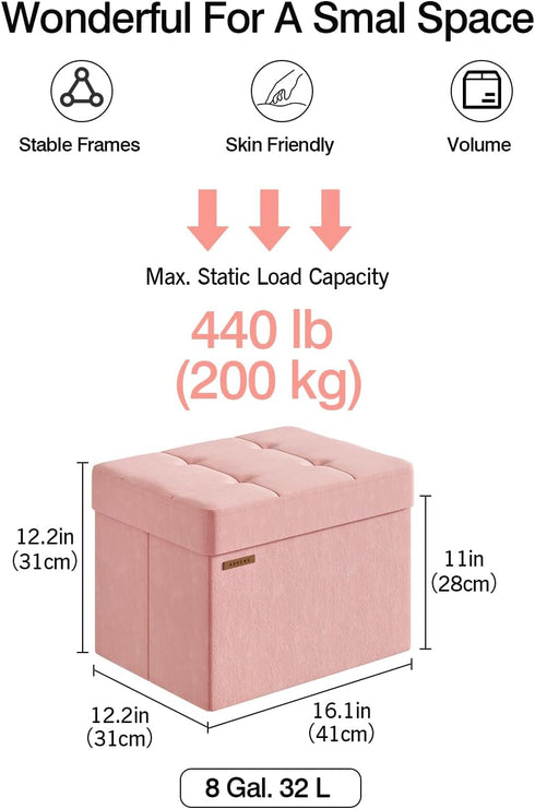Office,12.2 16.1 12.2 Inches, 200 Pink,UASND03P ABHENG Folding Storage Ottoman, Velvet Storage Bench, Footrest, Foot