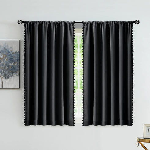 Treatmentex Black Pom Pom Blackout Curtains Set, 45" Half Window Drapes for Small Basement Laundry, 2 Panels Rod Pocket