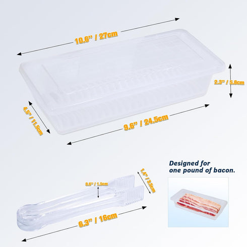 Caylielam 2-Pack Bacon Keeper Containers for Refrigerator, Airtight Fridge Meat Food Storage Boxes with Lids and Tongs