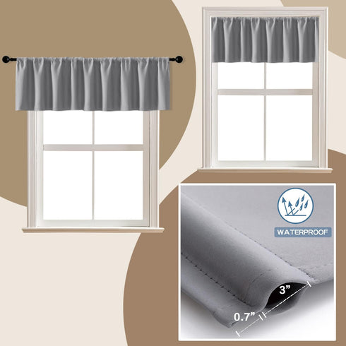 XTMYI Waterproof Blackout Fabric 14 Inch Valances for Windows 2 Pack, Light Grey