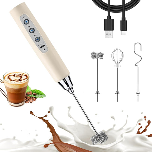 Beige Milk Frother Wand for Coffee, Handheld Electric Whisk with 3 Heads, 3 Speeds Drink Mixer for Latte, Cappuccino
