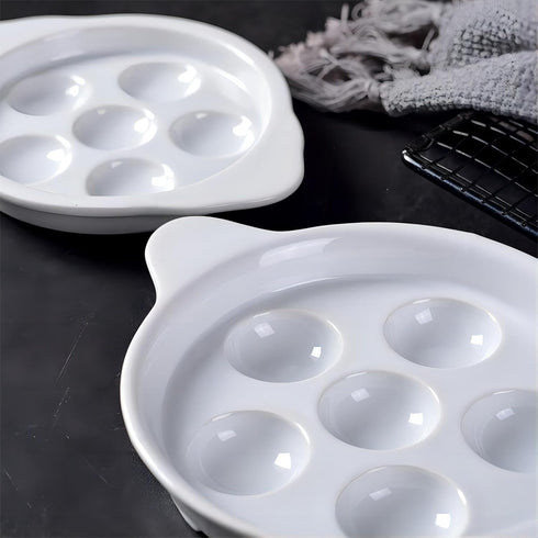 Bamboo's Grocery LoKii 2 Pack Ceramic Escargot Dish, 6 Holes Snail Dish with Handles, White, 6 Inches