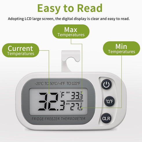 Digital Refrigerator Thermometer 2 Pack, Waterproof Fridge and Freezer Thermometer with Large LCD Screen