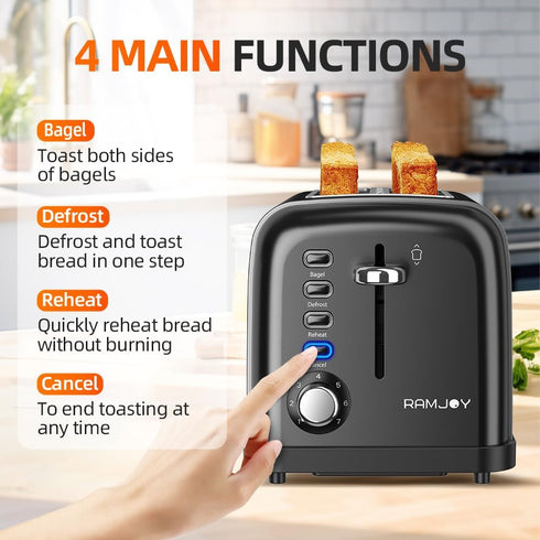 Black 2 Slice Toaster, Extra Wide Slot for Bagels, 7 Shade Settings, Removable Crumb Tray