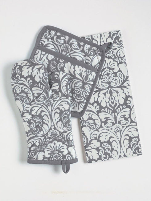 DII Quilted Kitchen Oven Mitt & Potholder Set, Gray Damask Print, 2 Piece, OM 6.5x12/PH 8x8.5
