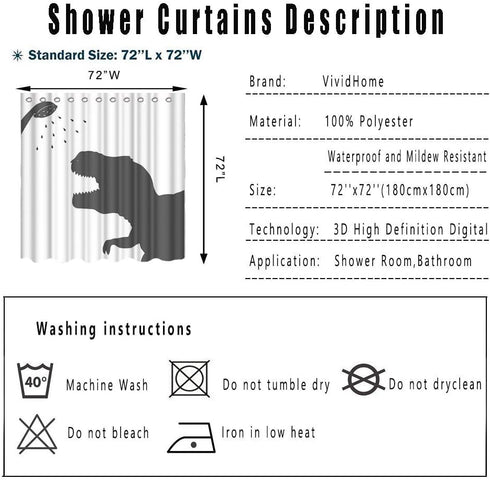 Animal Dinosaur Fabric Shower Curtain, Waterproof Polyester Fabric Bathroom Set with Hooks, 72x72IN