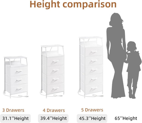 4 Closet Somdot White Nightstand with Charging Station and LED Light for Bedroom, Tall Drawers Dresser with Fabric Bins