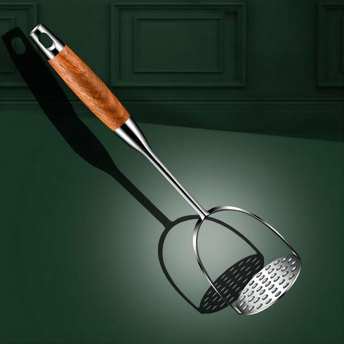 REDANT 13.5" Commercial Stainless Steel Potato Masher with Wooden Handle - Heavy Duty Metal Masher for Mashed Potatoes