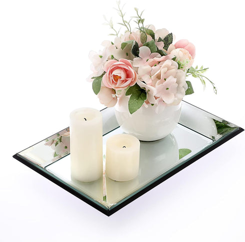 Hipiwe 11.9x7.9 inch Glass Mirror Makeup Vanity Tray Black Rectangle Perfume Jewelry Trinket Organizer Coffee Table