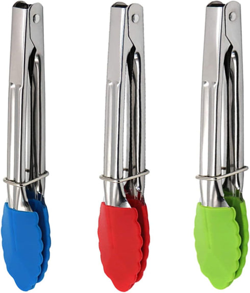 Mini Kitchen Tongs with Silicone Tips - 3 Set of 7 Inch Non-stick Small Tongs for Cooking and Serving (Multi-Color)