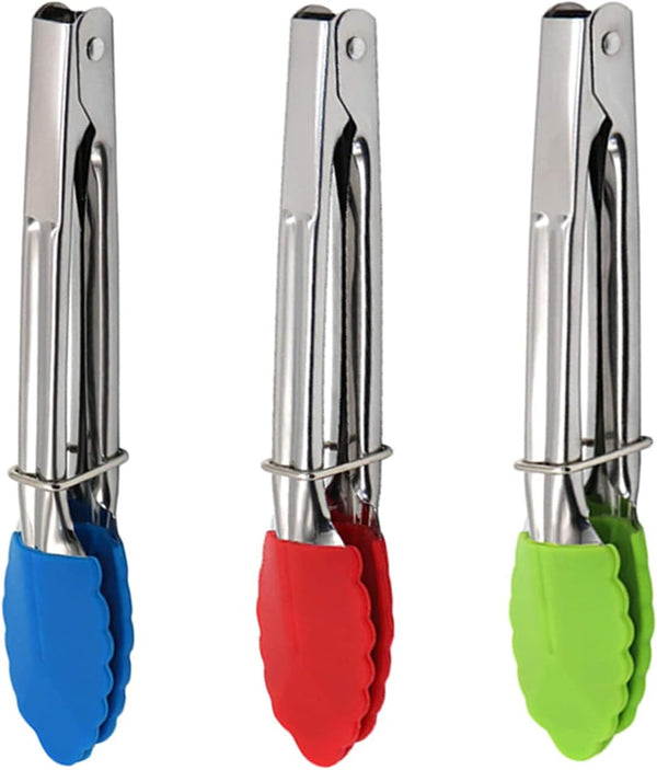 Mini Kitchen Tongs with Silicone Tips - 3 Set of 7 Inch Non-stick Small Tongs for Cooking and Serving (Multi-Color)
