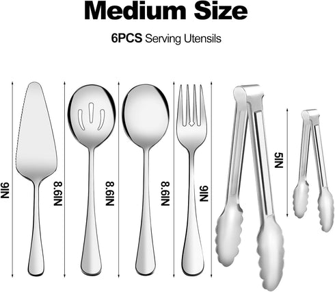 Serving Utensils, XEVOM 6-Piece Stainless Steel Serving Utensil Set Include Serving Spoon, Slotted Serving Spoon, Serving Fork,Serving Tong, Appetizers Tong,Pie Server (Silver) by XEVOM