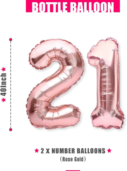 21st Birthday Party Decorations for Her, Rose Gold Supplies Big Set with Birthday Banner and 21 BDay Digit Balloons