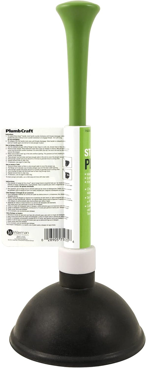 PlumbCraft 14-18-in. Stow-Away Plunger, Heavy Duty Toilet Plunger with Adjustable Handle, 7503500