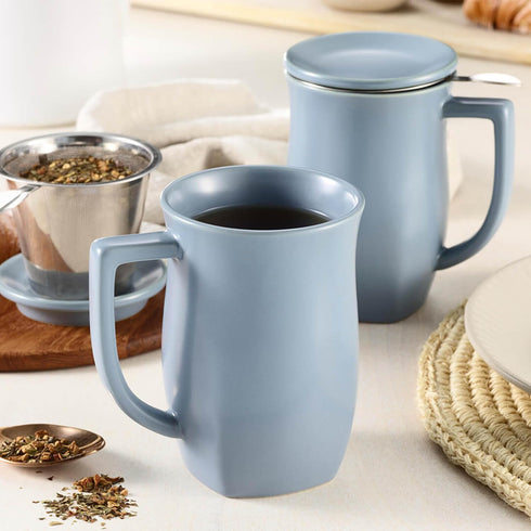 14 oz Tea Forte Ceramic Fiore Cup with Handle, Removeable Stainless Steel Infuser Basket and Lid, Steeps Loose Leaf