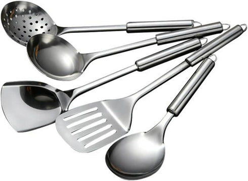 5Pcs Stainless Steel Cooking Utensils Set, Heat Resistant Wok Utensils Include Slotted Spoon, Spatula, Large Spoon