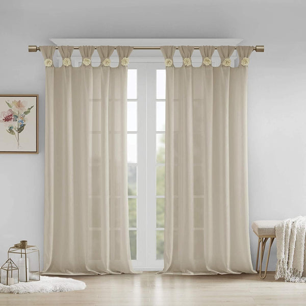 Madison Park Rosette Floral Embellished Cuff Tab Top Solid Sheer Curtain Panel Drape for Bedroom, 50"x84"