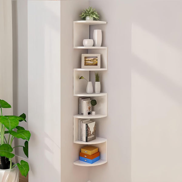 No-Drill Corner Shelf Wall Mount, 7-Tier Floating Corner Bookshelf with Hooks, Space-Saving