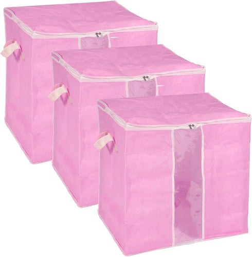 uxcell 3pcs Clothes Storage Bag, Foldable Closet Organizer with Reinforced Handle for Bedding, Blankets, Clothing, Pink