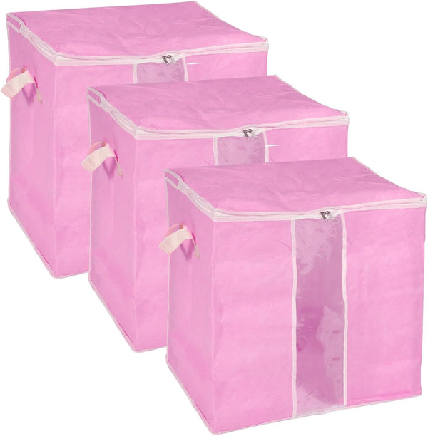 uxcell 3pcs Clothes Storage Bag, Foldable Closet Organizer with Reinforced Handle for Bedding, Blankets, Clothing, Pink