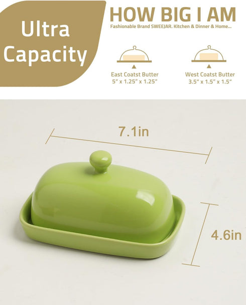 Sweejar Ceramic Butter Dish with Lid, Porcelain Butter Keeper for East/West Coast Butter, 7.1*3.7 inches