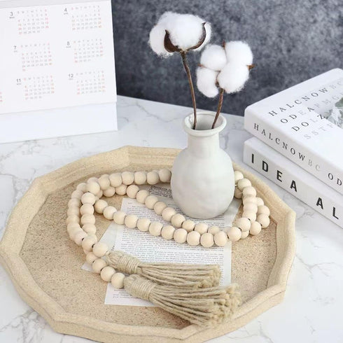 58in Farmhouse Beads Wood Bead Garland with Tassels, Rustic Decor for Farmhouse Tiered Tray Wall Decor (Natural Wood)