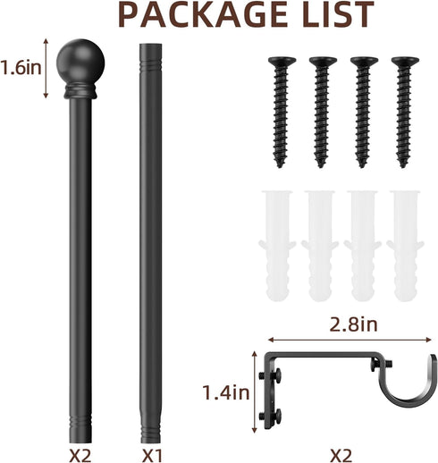 Black 5/8 inch Curtain Rods for Windows 32 to 48, Single Window Curtain Rod Set with Brackets
