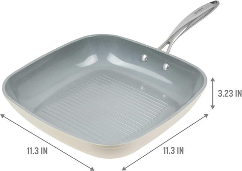 Goodful Ceramic Nonstick 11 Inch Grill Pan, Dishwasher Safe, Comfort Grip Stainless Steel Handle, Cream