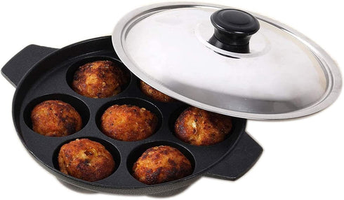 Appam Patra Paniyaral Non-Stick Paniyaram Paniyarakkal Aebleskiver Pan with Stainless Steel Lid 7 Balls by DBY