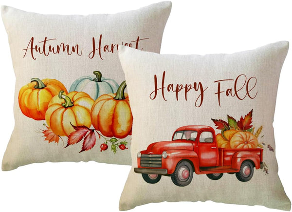 ULOVE LOVE YOURSELF 2pack Happy Fall Throw Pillow Covers with Pumpkin & Red Truck Pattern, Autumn Harvest Cushion
