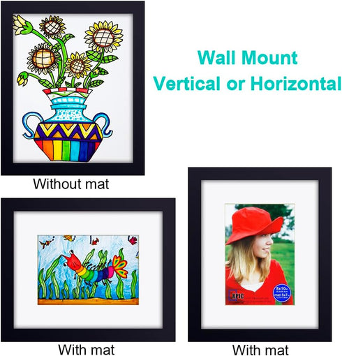 8x10 inch Picture Frames Made of Solid Wood with High Definition Glass, Display Pictures 5x7 with Mat or 8x10 Without