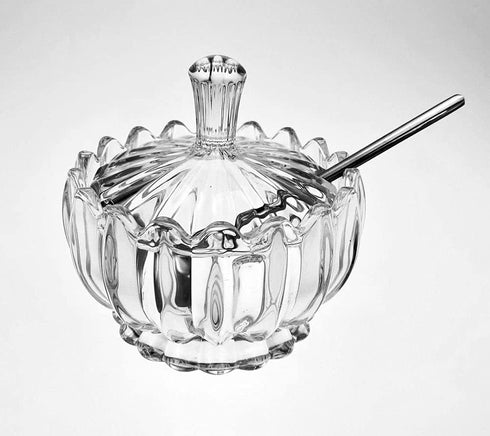 Clear Glass Sugar Bowl Spice Jar with Lid Spoon, Transparent Condiment Pot